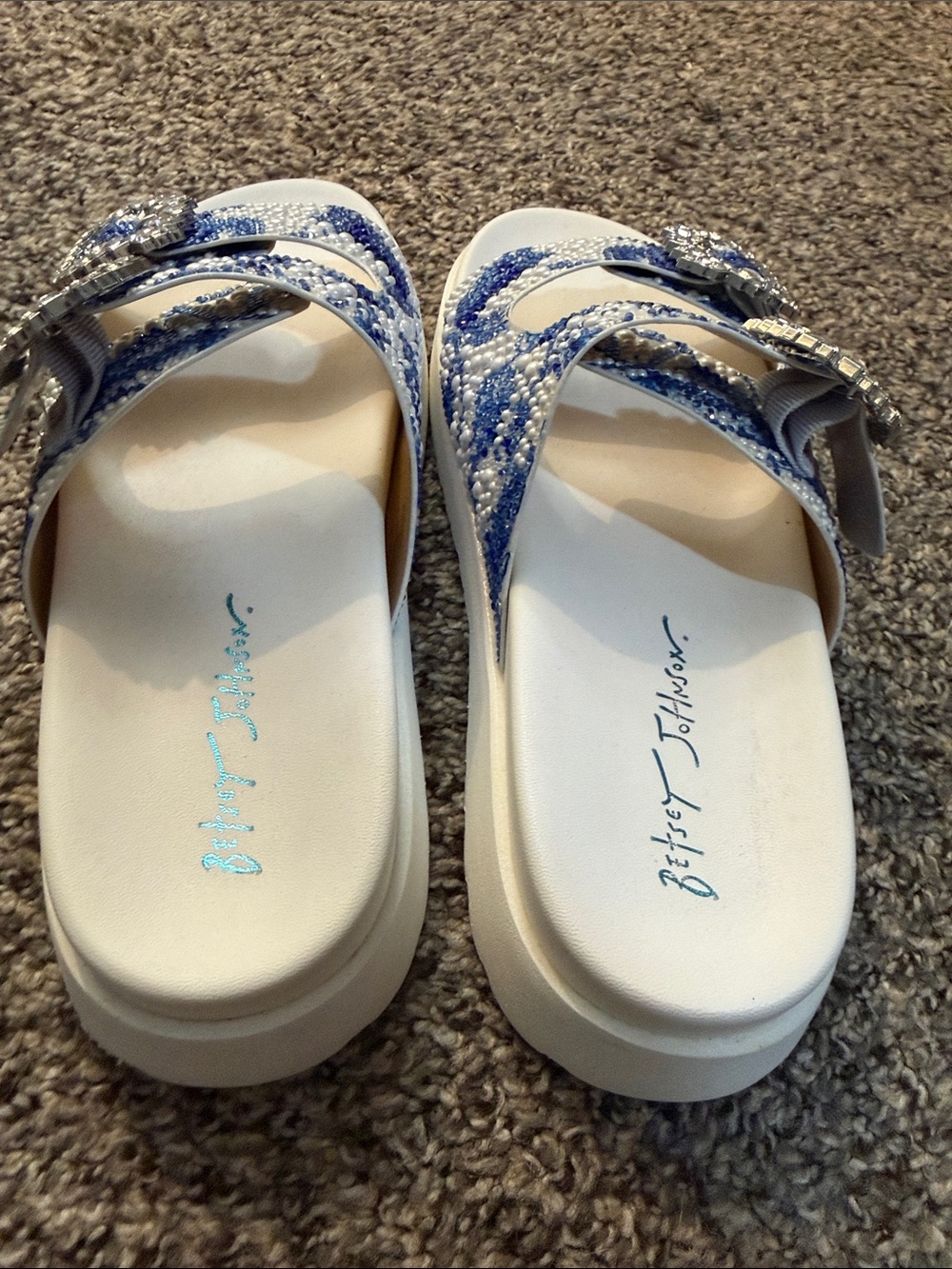 Betsey Johnson White and Blue Pearl Embellished Double Buckle Slide Sandals - Picture 5 of 5